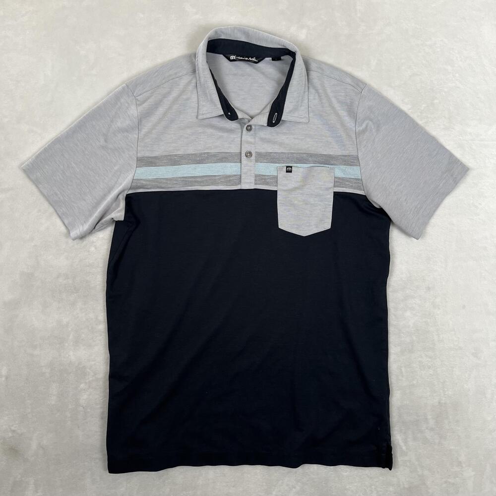 Travis Mathew Polo Shirt Mens Large Blue Gray Stripe Pocket Golf Knit Casual